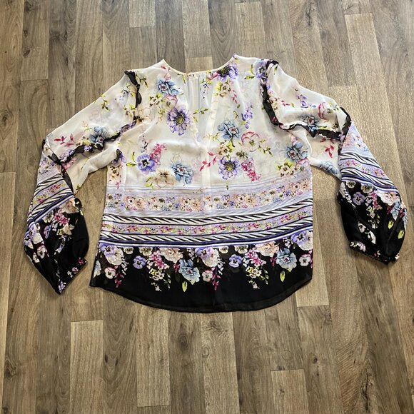 White House Black Market Floral Sheer Blouse Long Sleeve Button Front Size Large - Picture 2 of 7